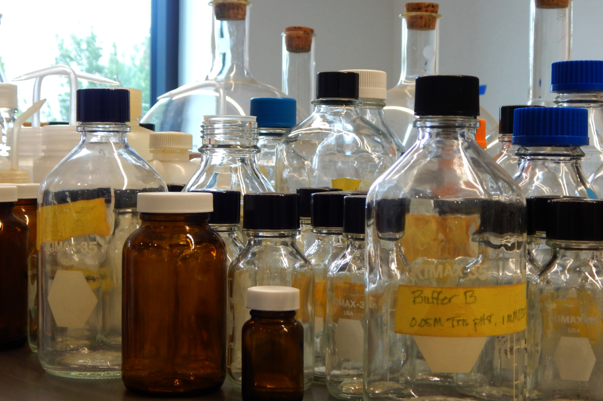 Jars and bottles for chemicals in a second-floor lab. (Doug Hubley/Bates College)