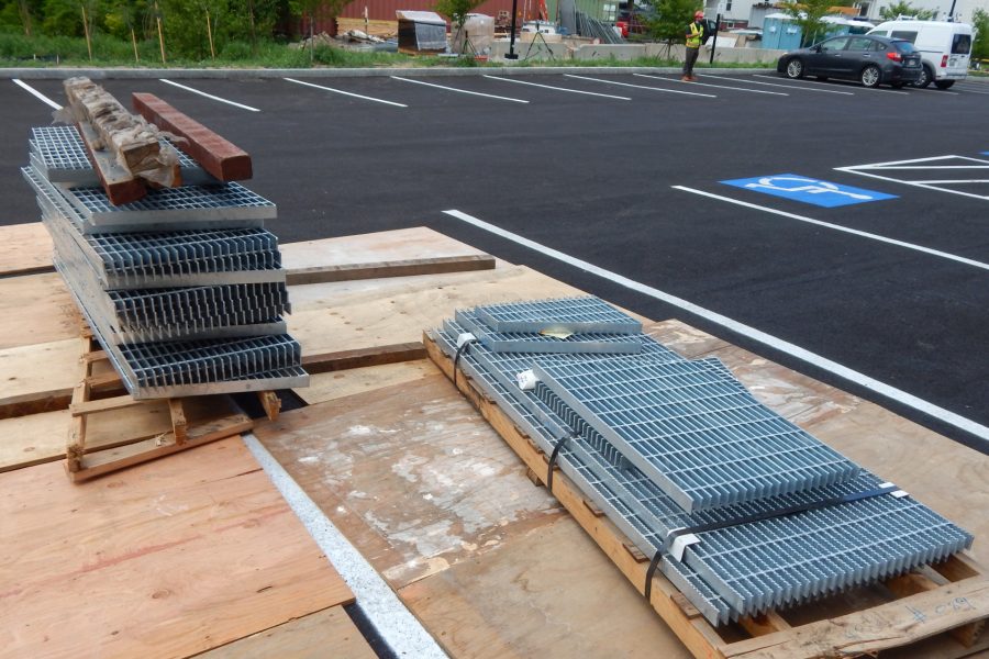 These grates will cover the opening to the Bonney Center's subterranean air intake. (Doug Hubley/Bates College)