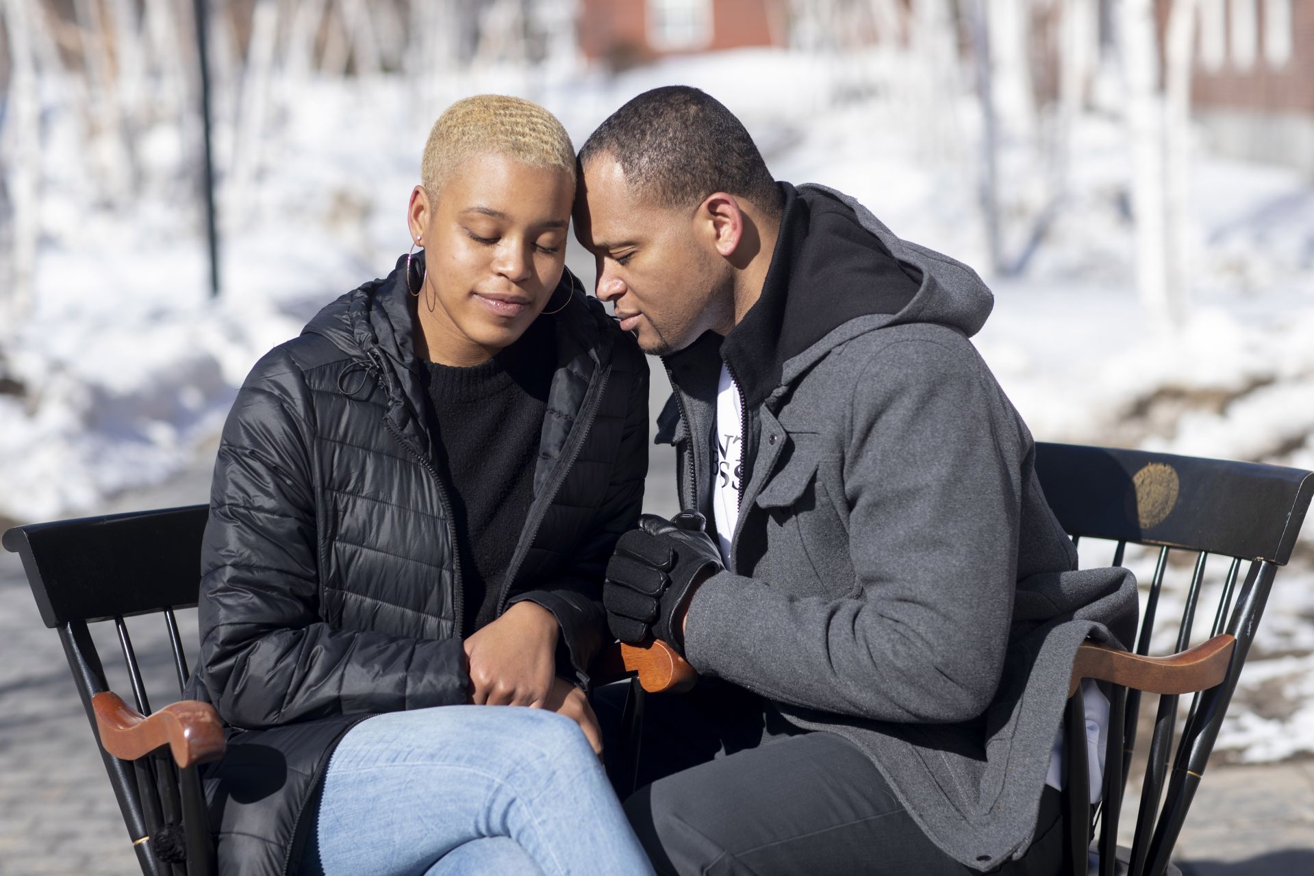 Edward Walker '02 and his daughter Tiauna Walker '21 of Boston pose for Bates Magazine portraits on the Bates campus, including Alumni Walk, the Historic Quad, and Alumni Gymnasium, on the morning of Sunday, Feb. 21, 2021.