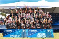 NCAA champions for the fourth straight season, the Bates women's rowing team celebrates on the podium in Sarasota, Fla. (Photo by Justin Tafoya/NCAA Photos via Getty Images)