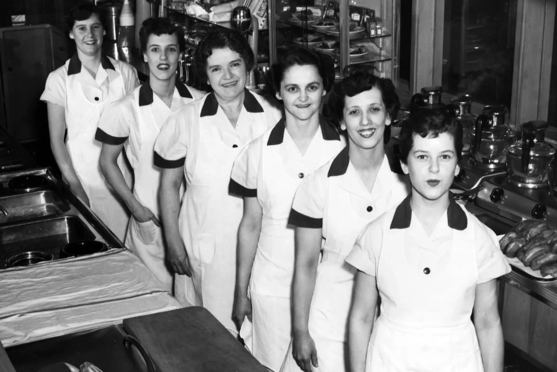 Circa 1953, the Bobcat Den staff pose for a photograph. (Muskie Archives and Special Collections Library)