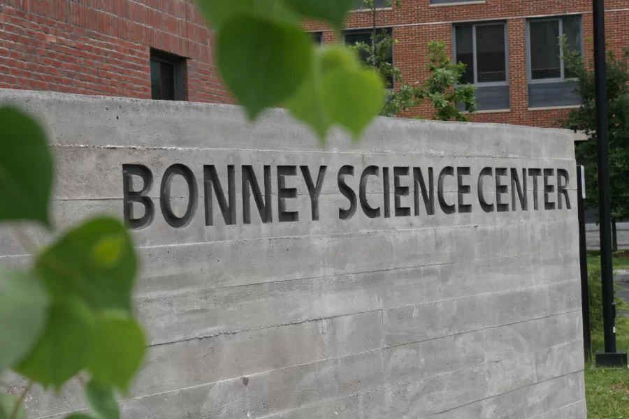 A science center signboard shown on Aug. 23, a few hours before a ribbon-cutting celebrated the building's completion. (Doug Hubley/Bates College)