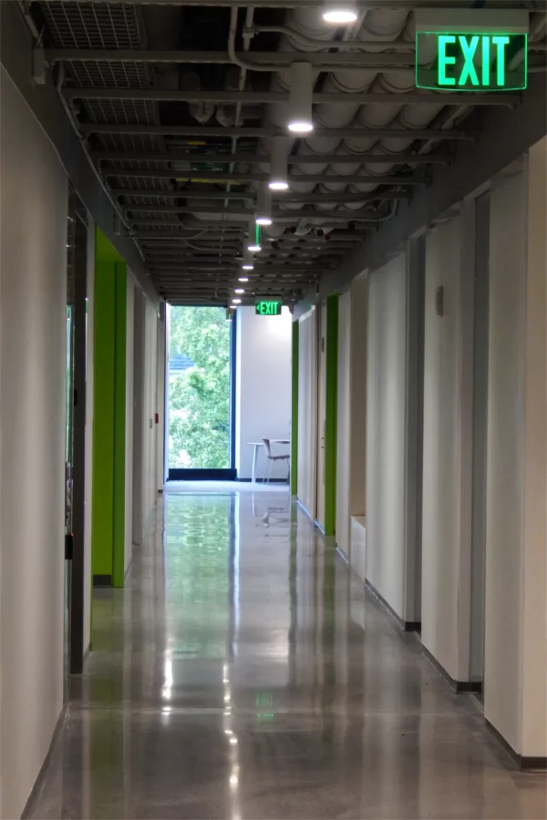 Looking toward Nichols Street down a third-floor Bonney Center hallway. (Doug Hubley/Bates College)