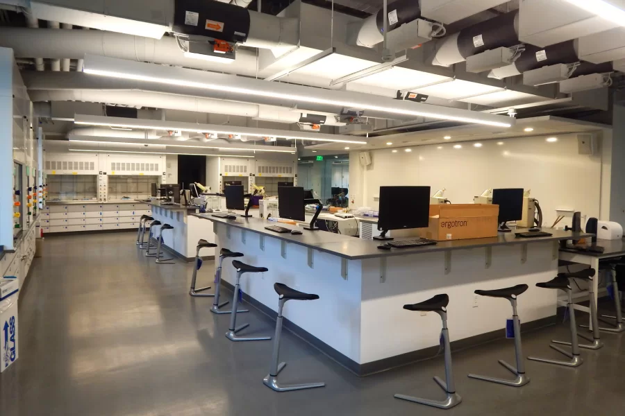 With fume hoods lining the walls and a large counter for students, this biology lab on the Bonney Center's first floor is essentially ready for action. (Doug Hubley/Bates College)