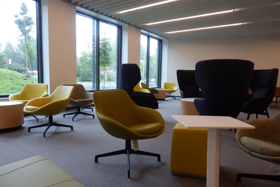 The Bonney Center's first-floor Living Room is shown a few hours before an Aug. 23  ribbon-cutting ceremony that filled the space with stakeholders in the years-long Bonney construction project. (Doug Hubley/Bates College)