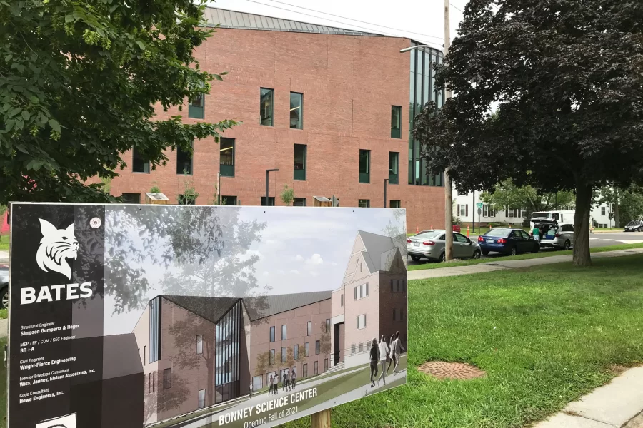 The Bonney Science Center in rendering and reality on Aug. 23, 2021. (Doug Hubley/Bates College)