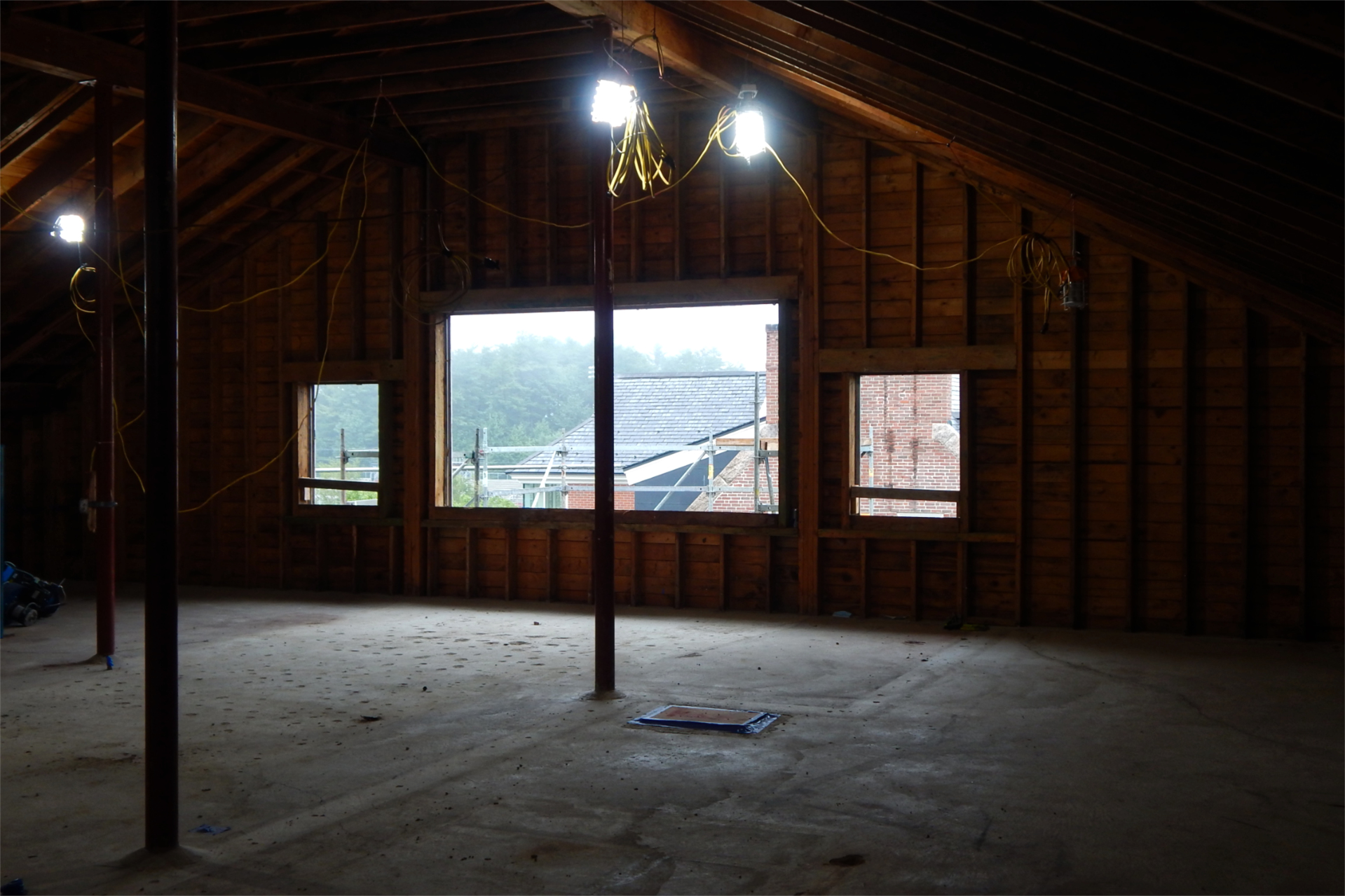 Formerly used for storage and for HVAC and other building-systems machinery, the attic of Dana Chemistry Hall is ready for renovation and the installation of new building systems in this Aug. 23 image. (Doug Hubley/Bates College)