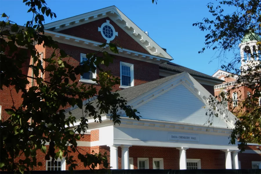 The object of a yearlong major renovation, Dana Chemistry Hall is shown from Alumni Walk on a brilliant late-September morning. (Doug Hubley/Bates College)