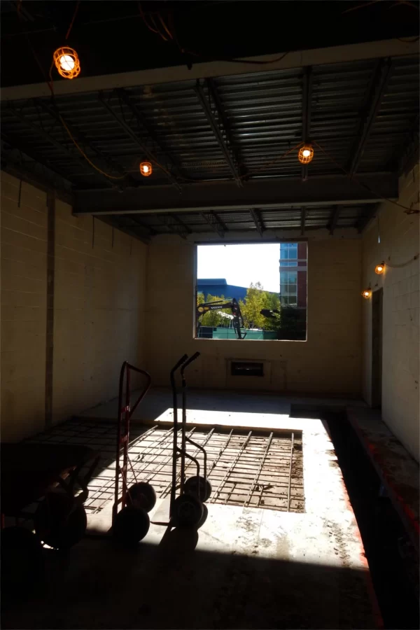 Formerly a secure area for storing chemicals, this room will become a student lounge and tutoring area. (Doug Hubley/Bates College)