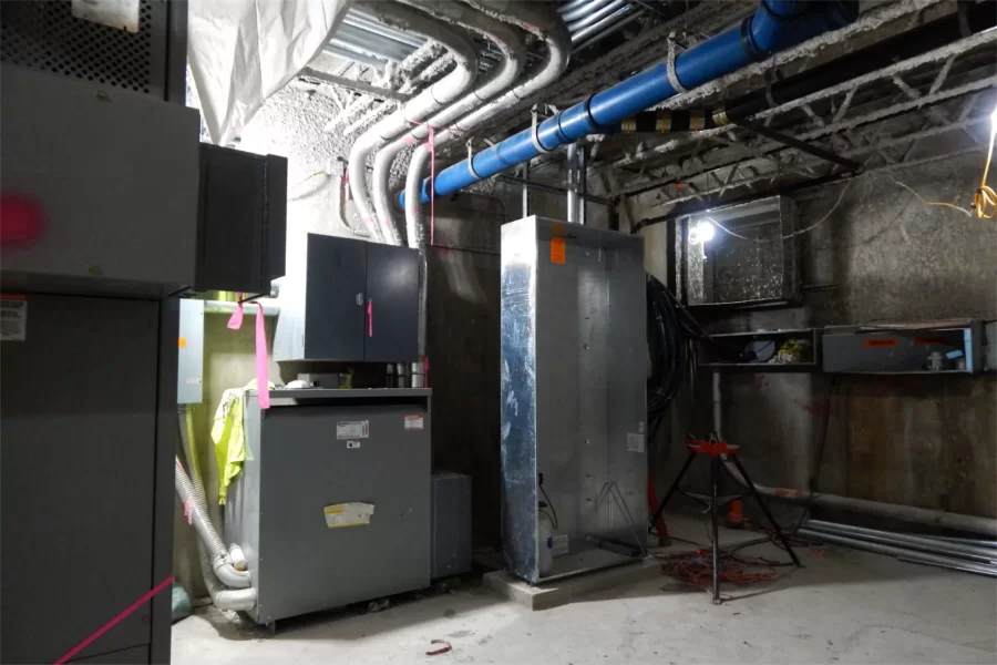 Shown at center is a new electrical box in Dana's basement. (Doug Hubley/Bates College)