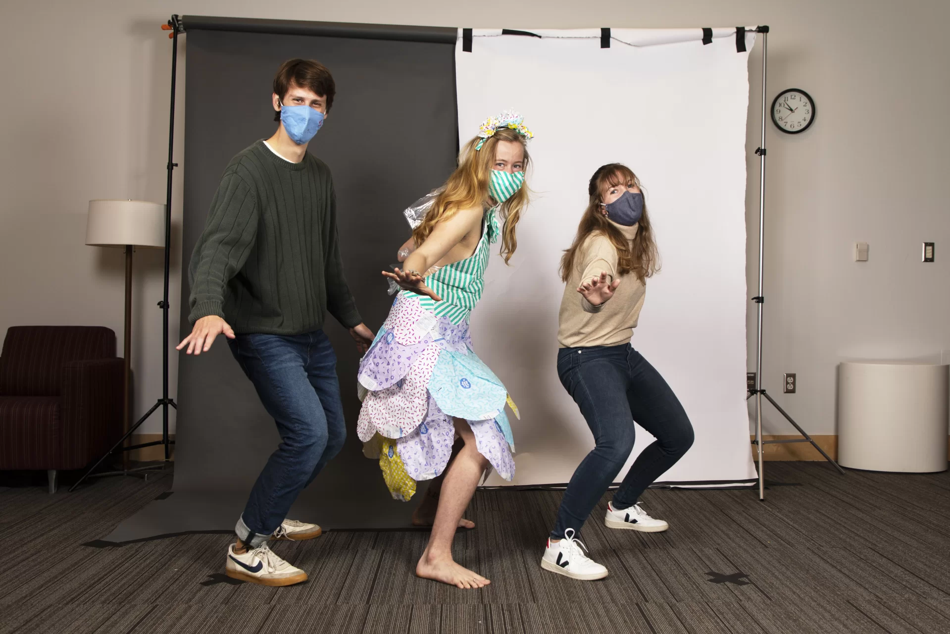 Essie Martin ‘22 of Newcastle, Maine, David Bilbrey ‘22 of Charlotte, N.C., and Hannah Webster ‘22 of Shelburne, Vermont, pose for portraits dressed in attire created for this years Trashion Show on November 15, 2021.