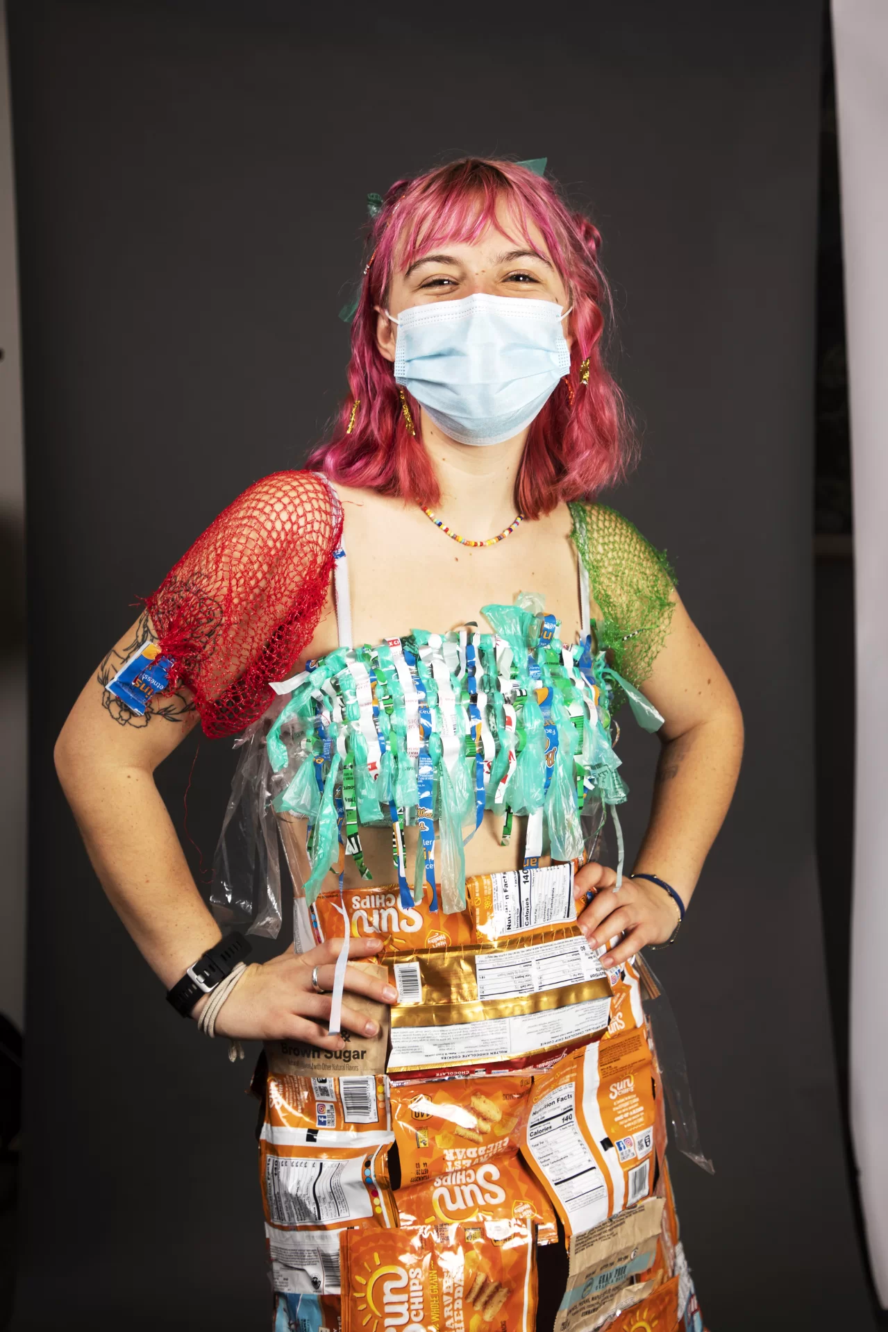 Maria McEvoy ‘25 of Missoula, MT, poses for portraits dressed in attire created for this years Trashion Show on November 12, 2021.