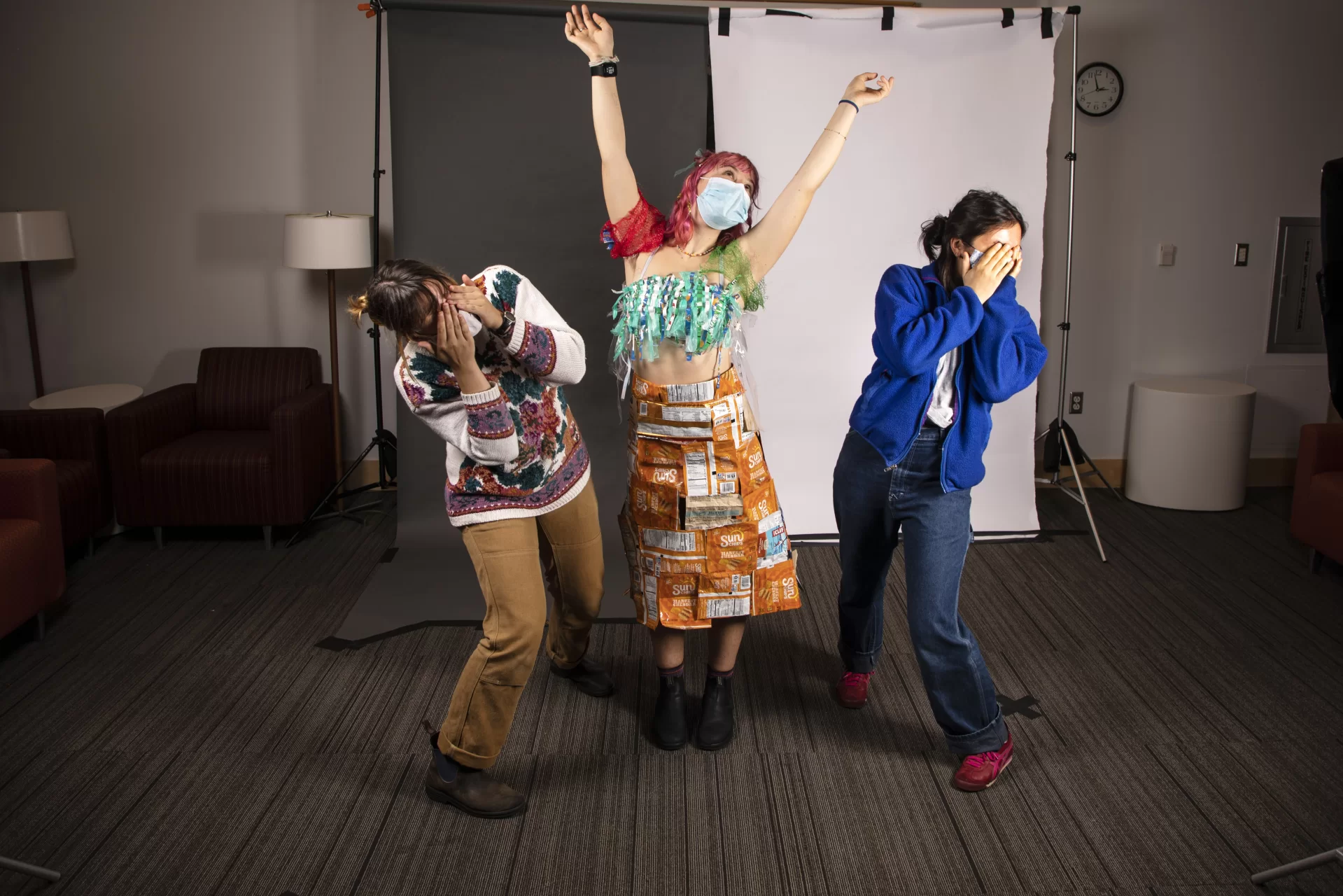 Adelle Welch ‘25 of Livingston, MT, Maria McEvoy ‘25 of Missoula, MT, and Izzy Borah ‘25 of Needham Heights, Mass., pose for portraits dressed in attire created for this years Trashion Show on November 12, 2021.