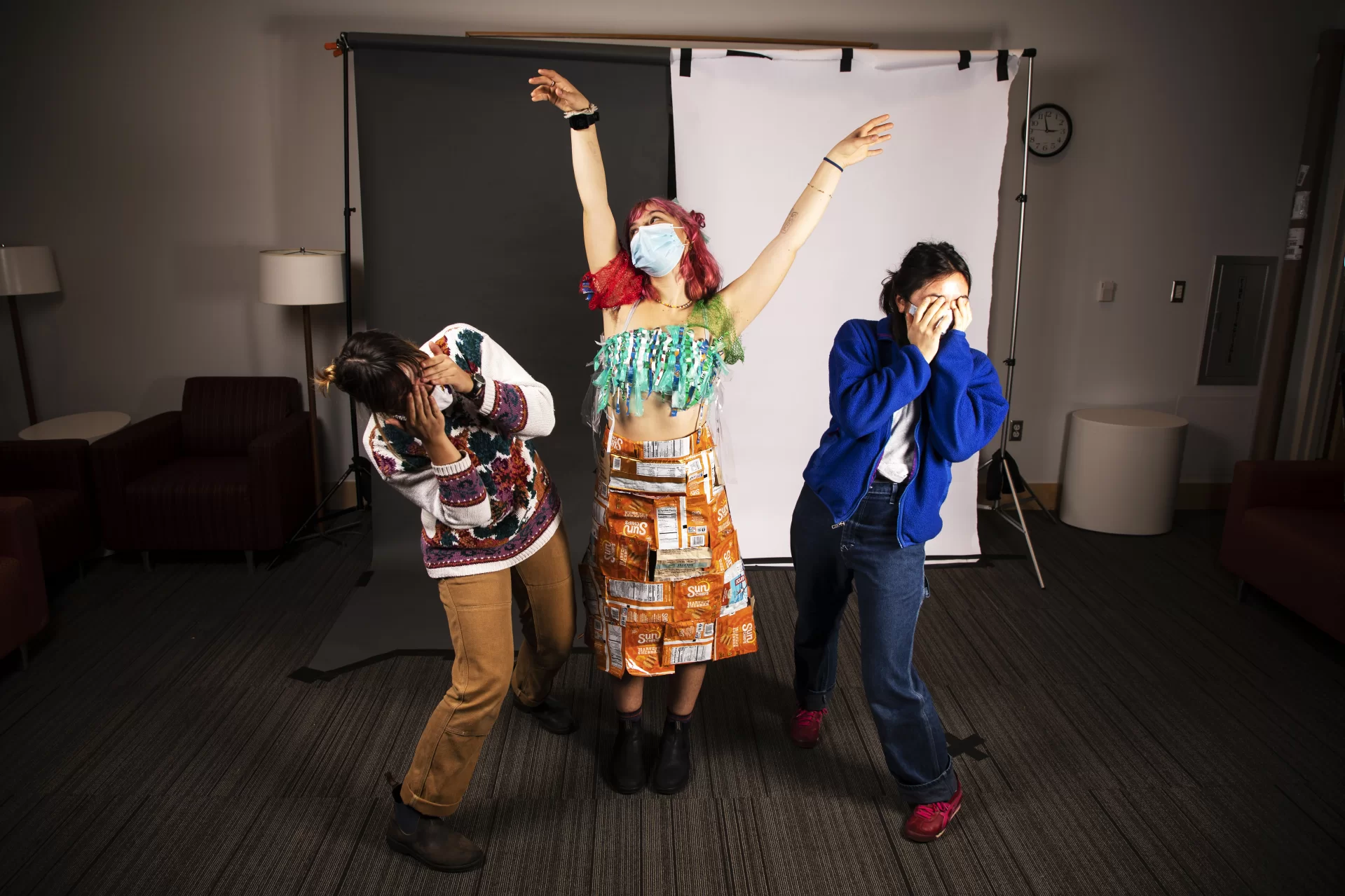 Adelle Welch ‘25 of Livingston, MT, Maria McEvoy ‘25 of Missoula, MT, and Izzy Borah ‘25 of Needham Heights, Mass., pose for portraits dressed in attire created for this years Trashion Show on November 12, 2021.