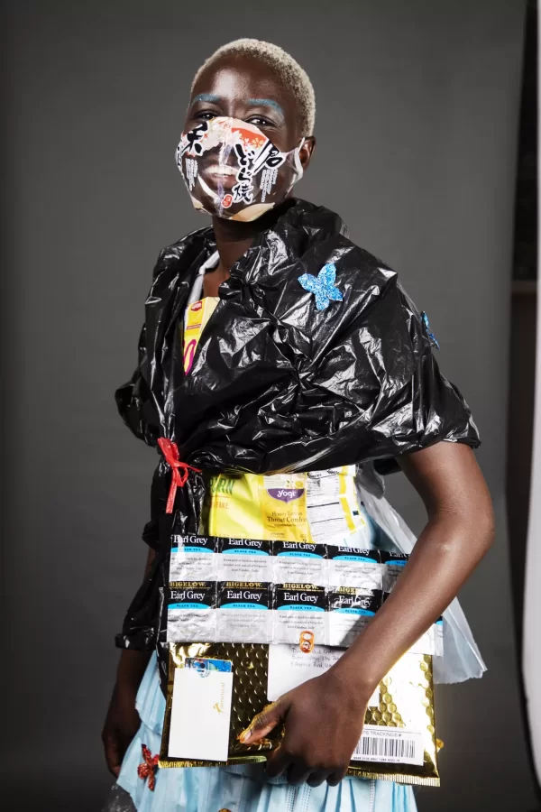 Sandia Taban ‘22 of China, poses for portraits dressed in attire created for this years Trashion Show on November 12, 2021.