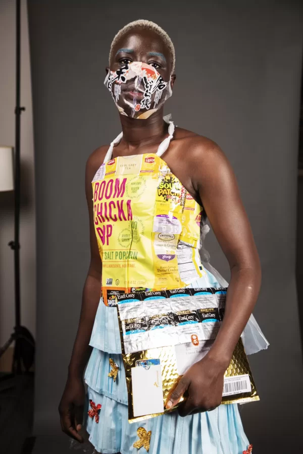 Sandia Taban ‘22 of China, poses for portraits dressed in attire created for this years Trashion Show on November 12, 2021.