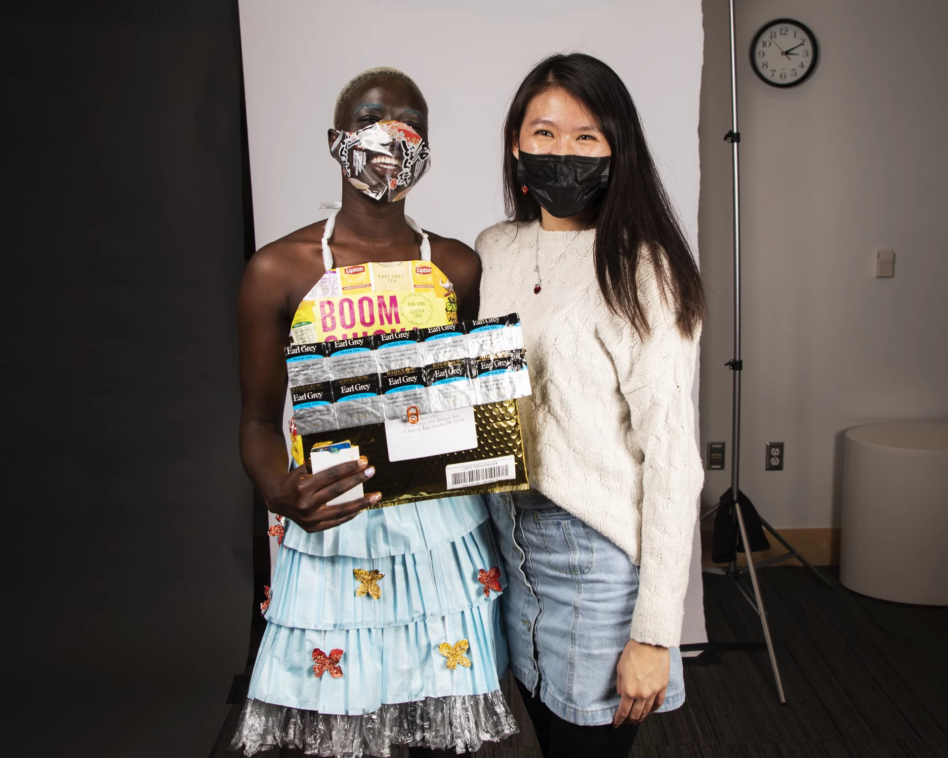 Sandia Taban ‘22 of China, and Yueh Chuah ‘22 of Malaysia, pose for portraits dressed in attire created for this years Trashion Show on November 12, 2021.