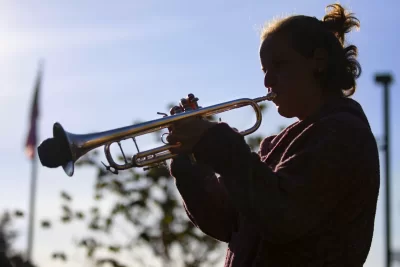 Veterans Day Ceremony at the Veterans PlazaBrittany provided the following program outline:Welcoming Remarks: BrittanyOpening Prayer: BrittanyTaps: Julie Jesurum ’22, a biochemistry major from Weston, Mass., plays on trumpetPoem for Safety- Tyler Shambaugh '22Invitation to lay a stoneBegin ritual by laying a stone for each branch in the armed forces*Moment of Silence*Poem for Peace- Frances White '22Benediction-Raymond