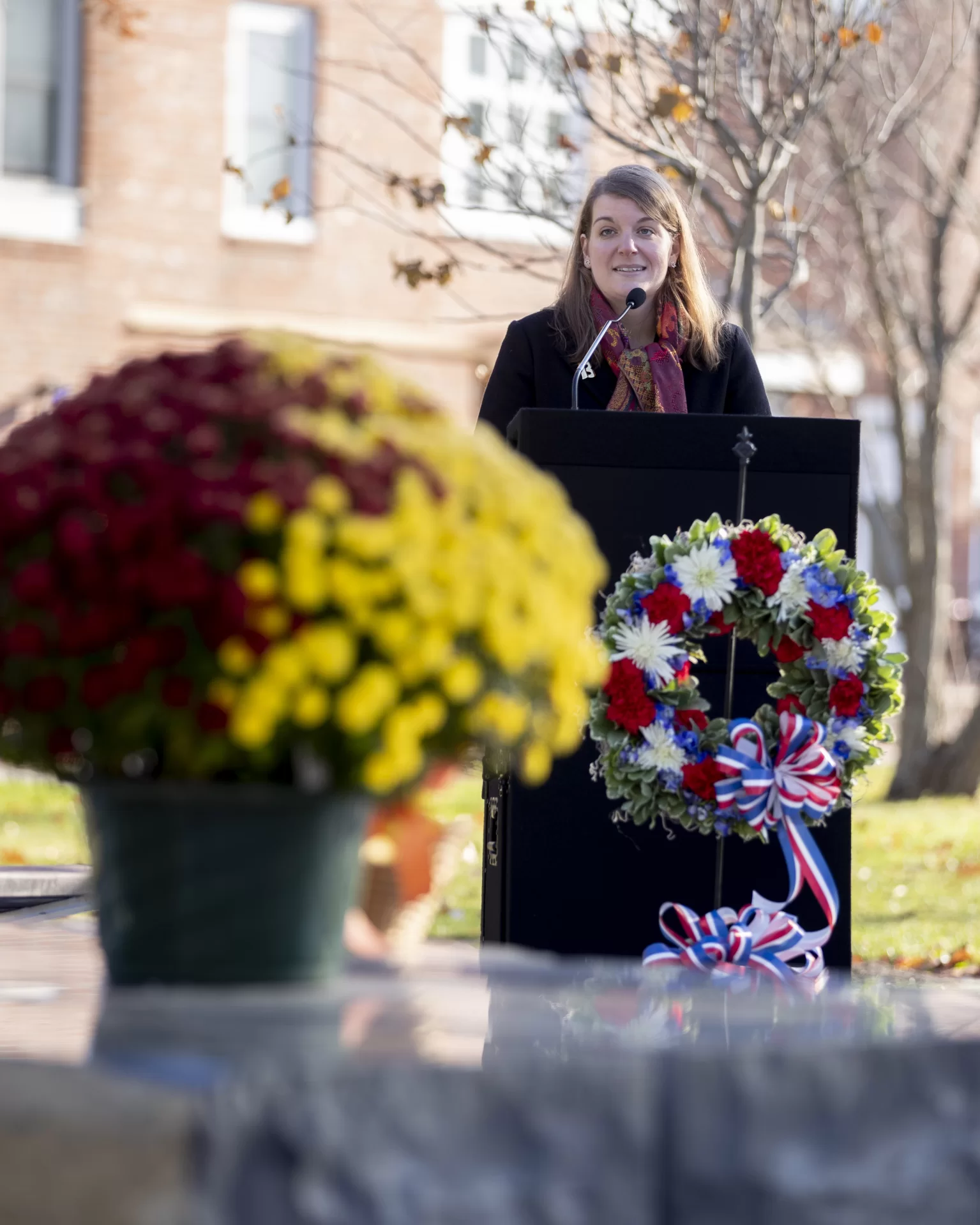 Veterans Day Ceremony at the Veterans Plaza
Brittany provided the following program outline:
Welcoming Remarks: Brittany
Opening Prayer: Brittany
Taps: Julie Jesurum ’22, a biochemistry major from Weston, Mass., plays on trumpet
Poem for Safety- Tyler Shambaugh '22
Invitation to lay a stone
Begin ritual by laying a stone for each branch in the armed forces
*Moment of Silence*
Poem for Peace- Frances White '22
Benediction-Raymond