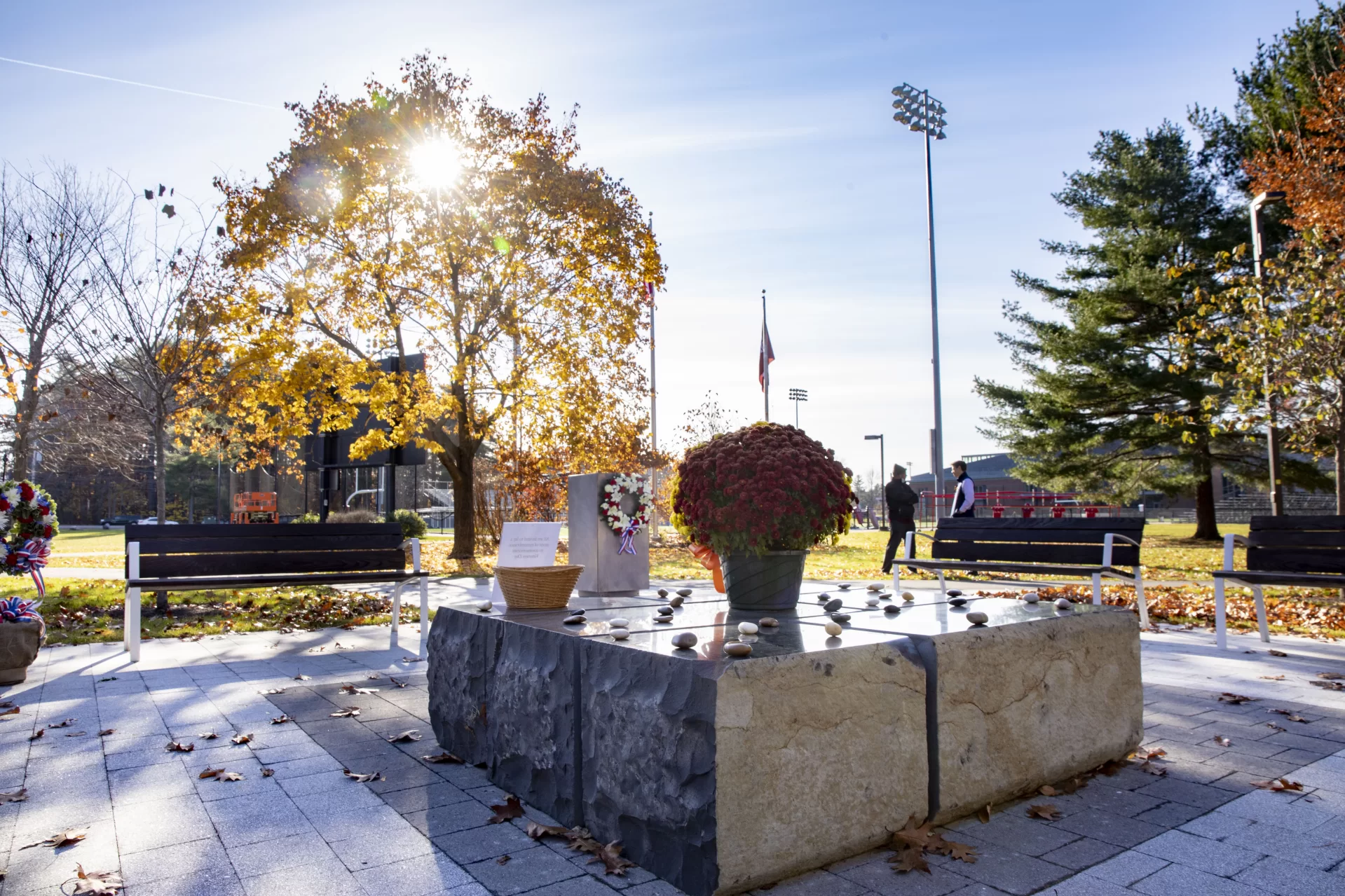 Veterans Day Ceremony at the Veterans Plaza
Brittany provided the following program outline:
Welcoming Remarks: Brittany
Opening Prayer: Brittany
Taps: Julie Jesurum ’22, a biochemistry major from Weston, Mass., plays on trumpet
Poem for Safety- Tyler Shambaugh '22
Invitation to lay a stone
Begin ritual by laying a stone for each branch in the armed forces
*Moment of Silence*
Poem for Peace- Frances White '22
Benediction-Raymond