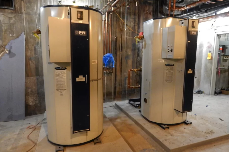 New water heaters in the basement of Dana Chemistry Hall. (Doug Hubley/Bates College)