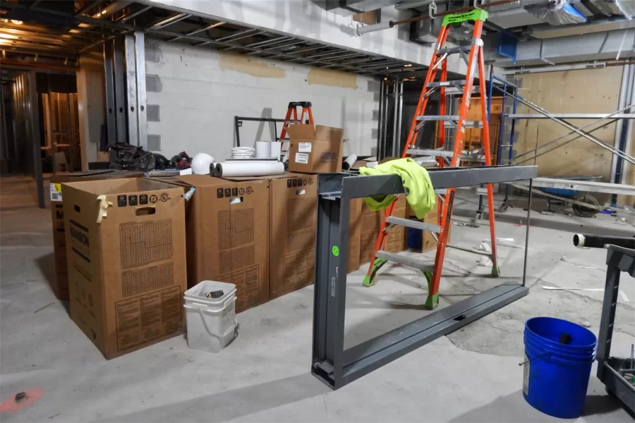 A view of Dana 106, which will be a lab for intro chemistry. The gray item at center right is a door frame. (Doug Hubley/Bates College)