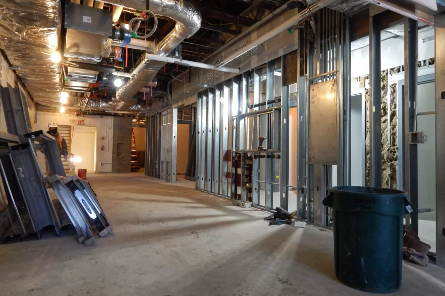 A view of Dana Hall’s tidy second-floor lobby, seen from the main entrance near the Historic Quad. (Doug Hubley Bates College)