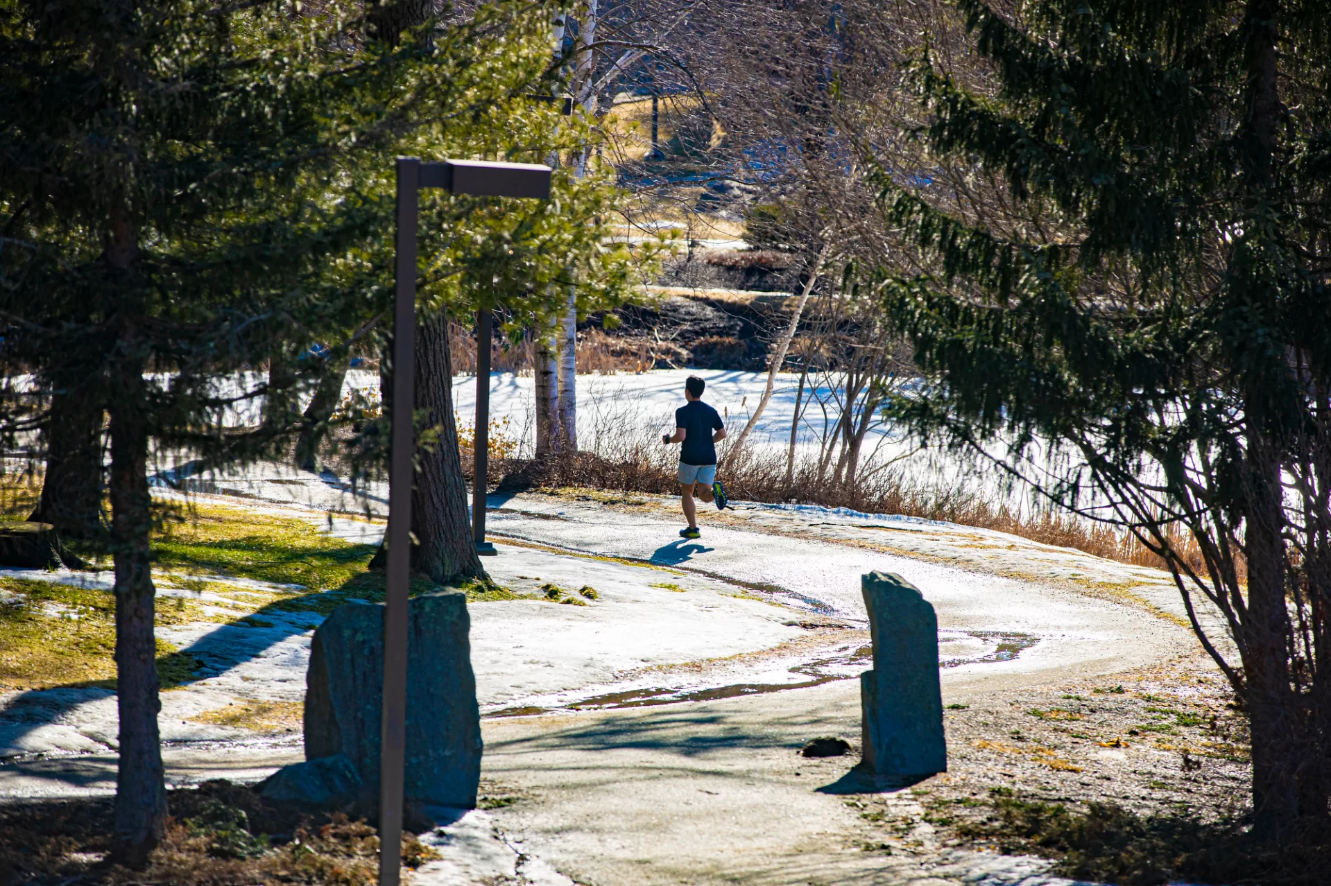 Campus Scenes on March 16, 2022. A snowshower melts on campus as temperatures warm up.