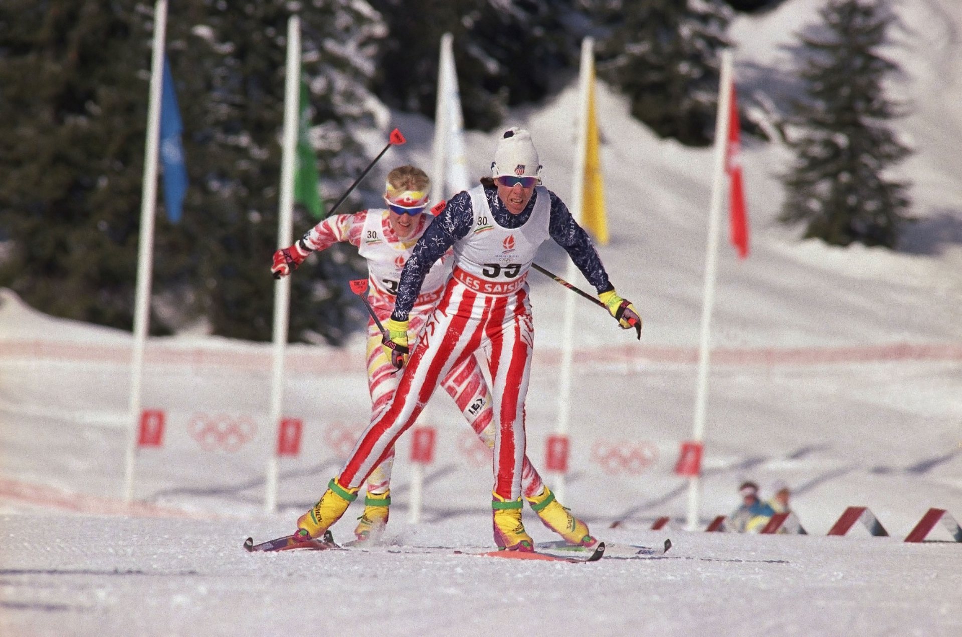 USA?s Nancy Fiddler, of Crowley Lake, Calif., front, is on her way to 29th place in the XVI Winter Olympic women?s 30km freestyle cross-country event in Les Saisies, France on Friday, Feb. 21, 1992, followed by Canada?s , who finished 33rd. (AP Photo/Tom Smart)