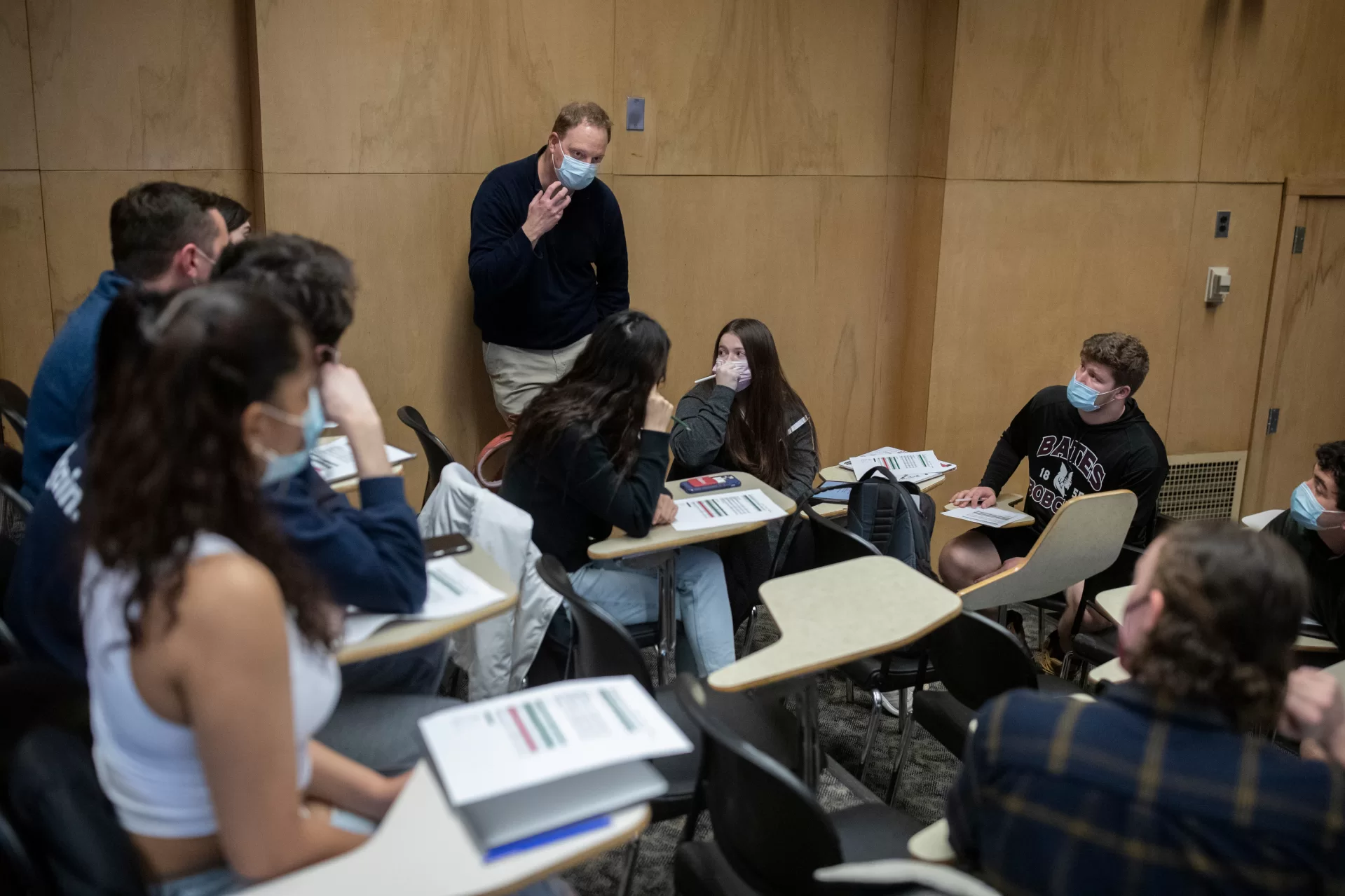 Bates Film Festival students, under the guidance of Associate Professor of Rhetoric, Film, and Screen Studies Jonathan Cavallero, choose the festival films during class in Pettigrew’s Filene Classroom 301. One group chose narrative films, the other documentaries.Students enrolled in Jon Cavallaro’s Film Festival course, Winter 2022, aka RFSS 391J. Film Festival Studies.This course is structured around ongoing discussions within the academic field of festival studies and asks students to apply those conversations to the planning of an on-campus film festival. Throughout the course, students screen, discuss, and evaluate possible festival films and draw on the resources and connections of the Bates community to produce the event. They also engage in discussions about the history of film festivals, the promotion of festivals, the ways that festivals are accredited, the funding of festivals, the audience(s) of festivals, and the ways these realities create opportunities and constraints for festival organizers. This seminar is recommended for juniors and seniors. Prerequisite(s): one course in rhetoric, film and screen studies. Enrollment limited to 15. Instructor permission is required. [W2] [AC] [CP] J. Cavallero. Gene ChenTeresa ChicoRabih ChughtaiCole De MagistrisCharlie McDonaldMax McKersieOwen McShaneRobby HaynosAmanda MetzgerJ’von Ortiz-CedenoNolan PotterJonah SacksAudrey SossAmanda TaylorNiharika TuladharOliver WanMax Younger