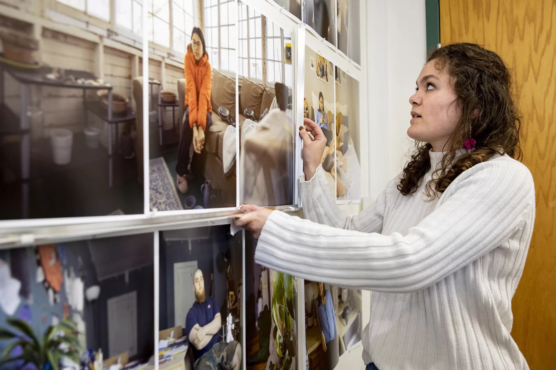 The art of framing is so much easier when it’s shared.

This year, 15 art and visual culture majors with a studio art concentration are busy at work in their Olin Arts Center studios in preparation for the 2022 Annual Senior Exhibition.

We stopped by two studios this week to visit with seven of the artists. Swipe left for a few moments of inspiration and camaraderie.

The seniors shown here are Nick Charde, Jack Fruechte, Anna Gouveia, Johnny Loftus, Michael Morgan, Jack Ryan, and Kate Weinberg.