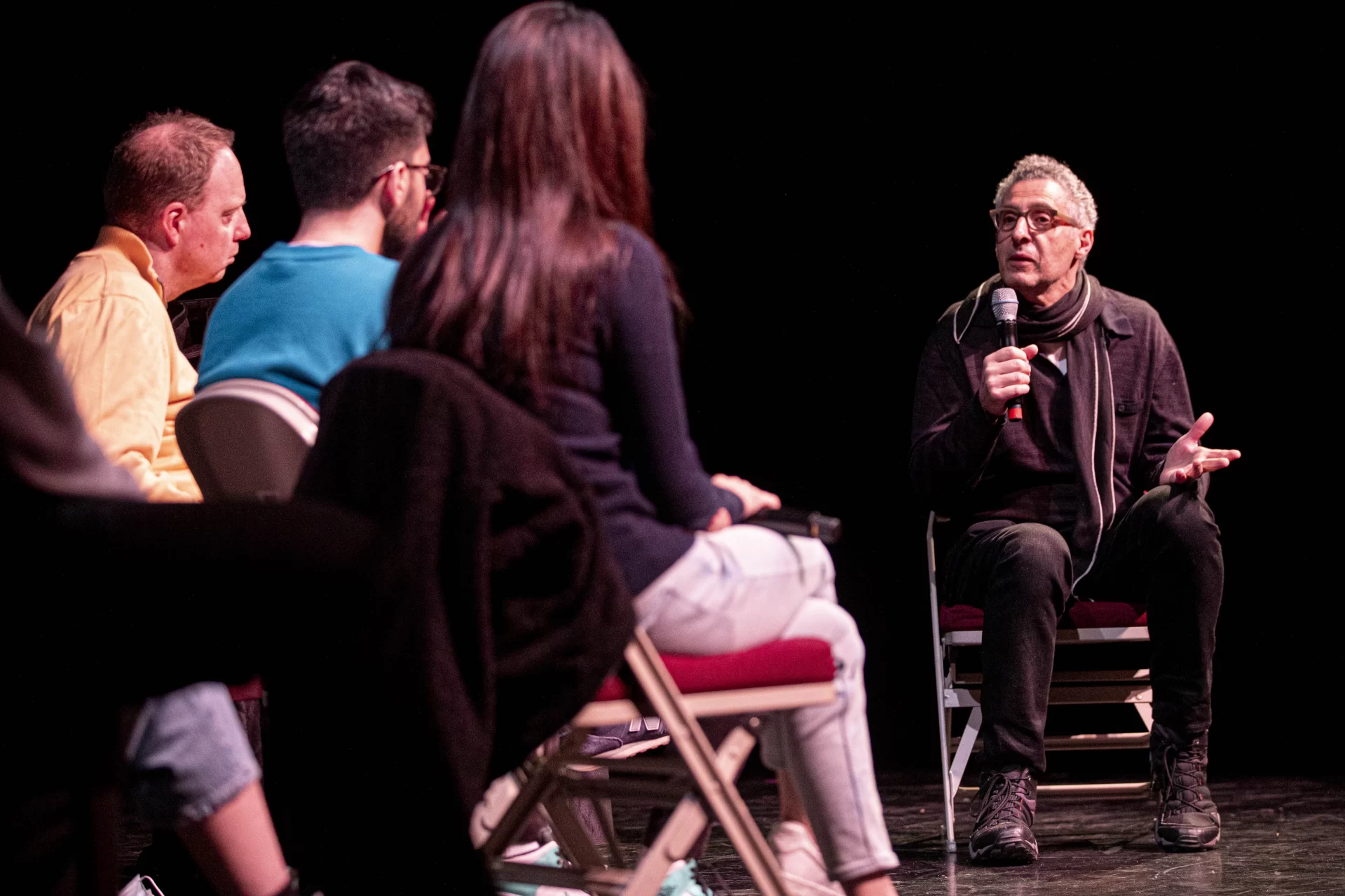 Bates Film Festival guests John Turturro and John Shea ’72 participate in two back to back Q&As in Schaeffer Theatre. Turturro was from 2:30-4 p.m. Shea was from 4:30 to 6 p.m. Faculty members Jon Cavallero, Katalin Vecsey and Tim Dugan joined students from the Cavallero’s festival class to pose questions to the two actor/director/writers.