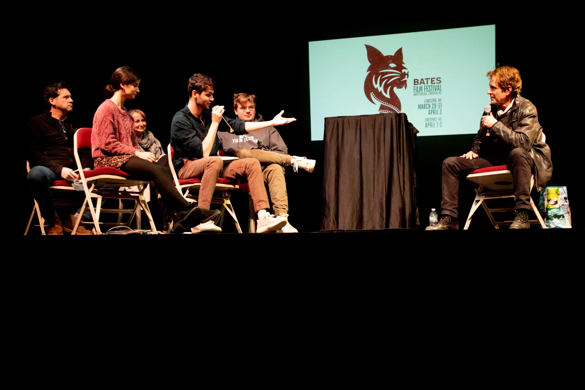 Bates Film Festival guests John Turturro and John Shea ’70 participate in two back to back Q&As in Schaeffer Theater. Turturro was from 2:30-4 p.m. Shea was from 4:30 to 6 p.m. Faculty members Jon Cavallero, Katalin Vecsey and Tim Dugan joined students from the Cavallero’s festival class to pose questions to the two actor/director/writers.