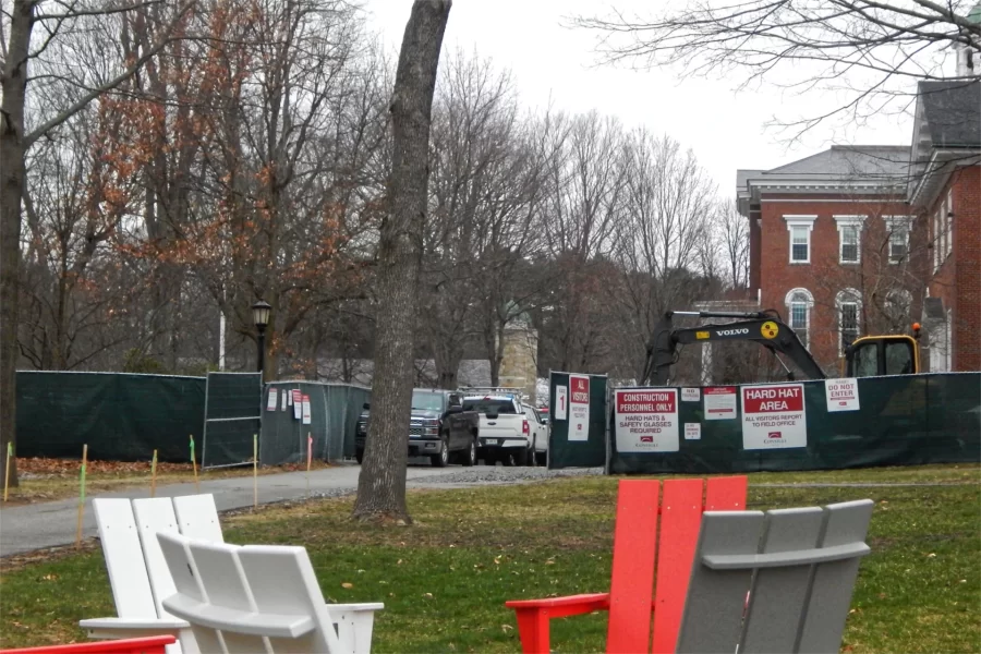 The primary entrance to the Dana Hall construction site. The fencing is scheduled for removal the week of May 23. (Doug Hubley/Bates College)