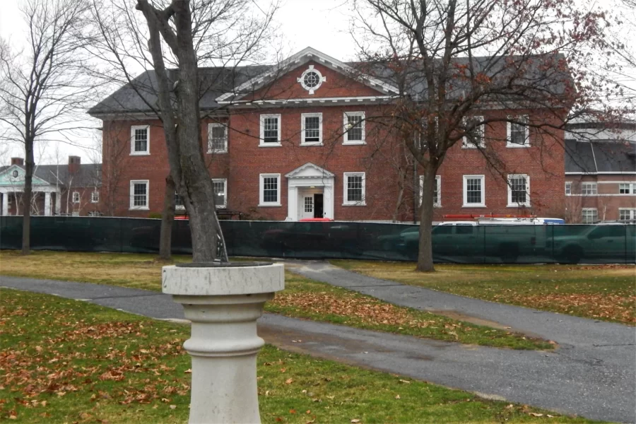 As the Dana Hall renovation nears its end, the site fence is not long for this world. (Doug Hubley/Bates College)