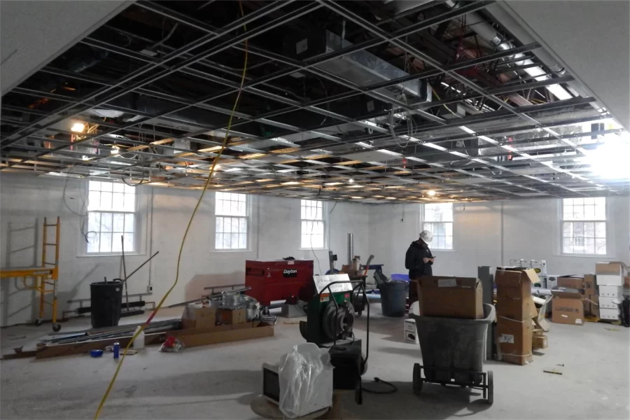 The suspended ceiling grid in a second-floor classroom. (Doug Hubley/Bates College)