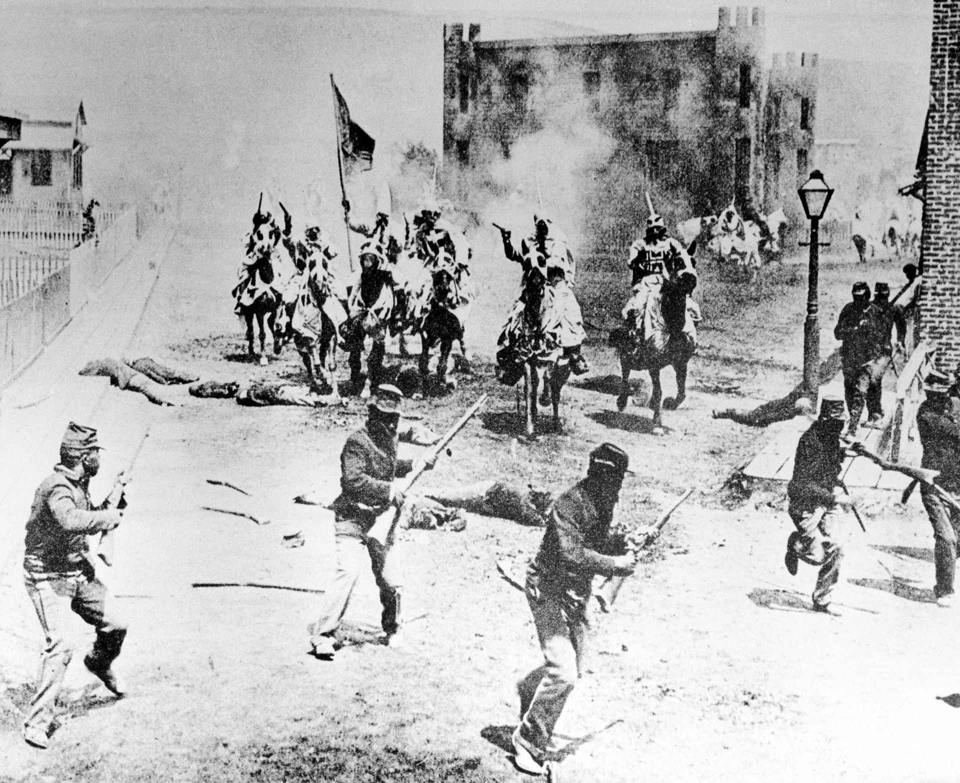 Klansmen ride against the army of occupation in this scene from D.W. Griffith's "Birth of a Nation" filmed in Hollywood, Calif., in 1914. The film was based on Thomas Dixon's "The Clansman," a novel and play set in the American Civil War. The film is said to promote white supremacy. (AP Photo)