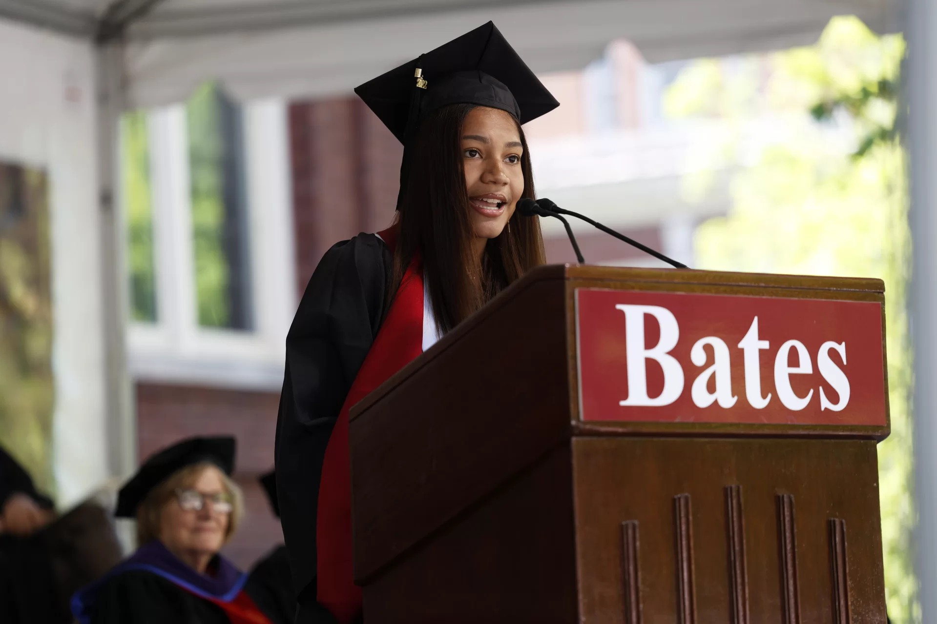 Teresa Chico '22 delivers the Senior Address at Bates Commencement on May 29, 2022. (Phyllis Graber Jensen/Bates College)