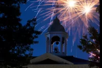 Reunion fireworks as seen over Hathorn Hall, photographed from the Historic Quad.
