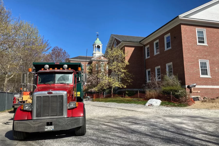 The Dana Hall worksite from Gate A, near Hedge Hall, on a May morning. (Doug Hubley/Bates College)