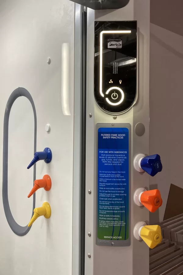 Operating controls on a new Dana Hall fume hood. Note the "Erlab" emblem on the black power panel at upper center. (Doug Hubley/Bates College)