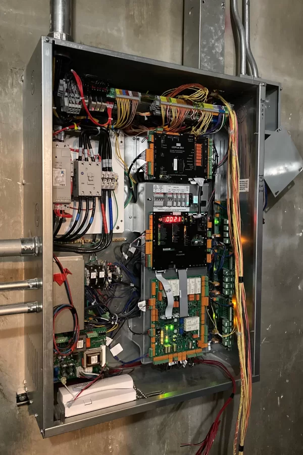 New electronics for the Dana Hall elevator. (Doug Hubley/Bates College)