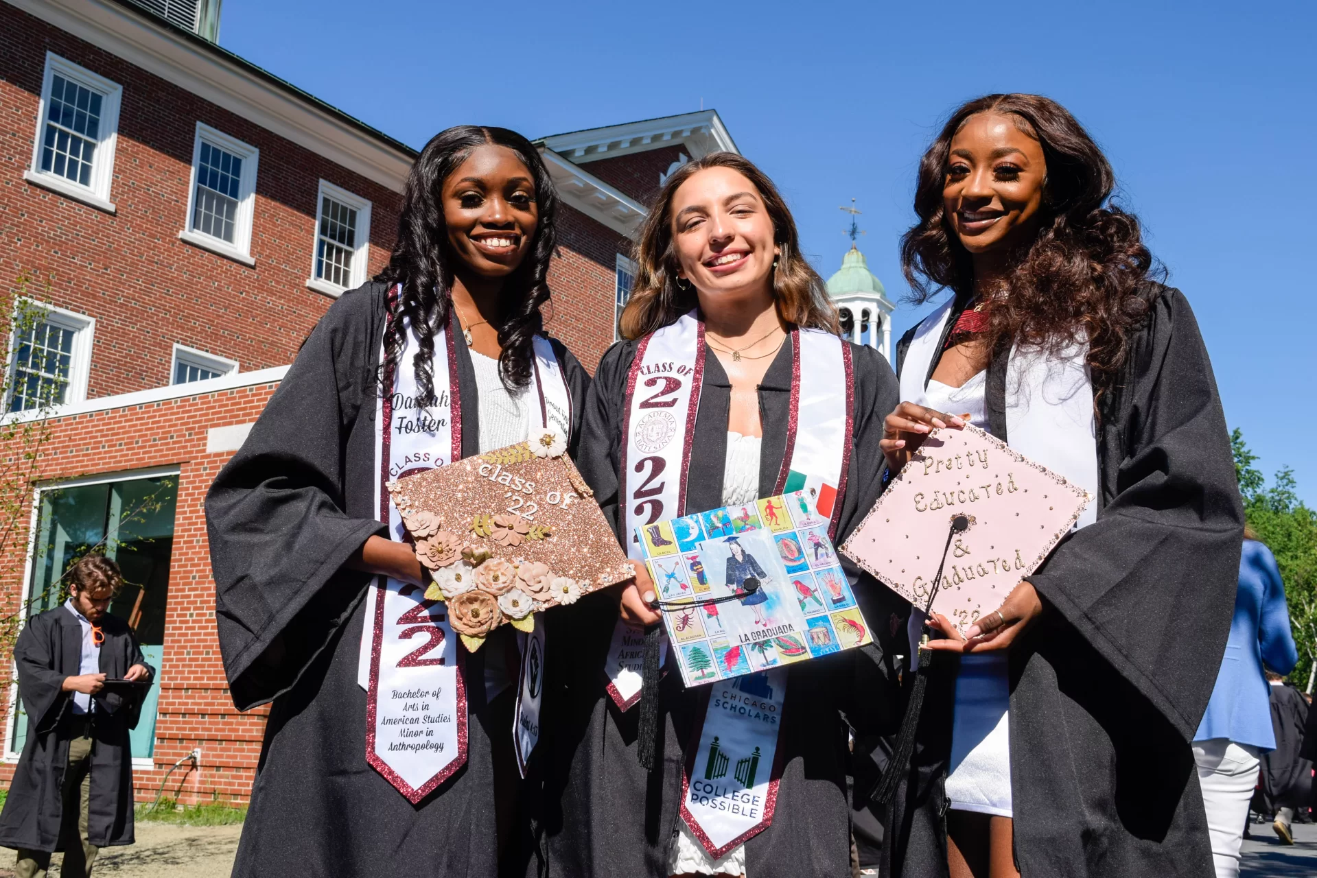 Graduates of the Class of 2022 walked in style at Bates College's 156th Commencement on May 29, 2022, with decorated caps, stoles, and other accessories.

Zane Rahabi ’22, (Lord of the Rings meme) Geology major, mathematics minor, Westwood, Mass.

Rebekah Vaules, ("Up" schoolhouse) French and Francophone studies major, Education, religious studies minors, Pittsford, N.Y.

Olivia Dimond, ("the sexy scholar gig") Theater major, education minor, Henrico, Vir.

Daniah Foster, (pink and gold glitter and flowers) American studies major, anthropology minor, Shelton, Conn.

Rachel Retana, (Mexican loteria board) Politics, gender and sexuality studies majors, African American studies minor, Chicago, Ill.

Adama Diaby, ("pretty, educated & graduated") politics major, history minor, New York

Janell Sato, (haku lei with red roses and raffia) biology major, religious studies minor, Honolulu, Hawai’i

Isabella David, ("keep moving forward") politics major, rhetoric, film, and screen studies minor, East Elmhurst, N.Y.

Jenniflore Beaubrun, (flowers on side and red ribbons) mathematics major, African American studies and digital and computational studies minors, Hyde Park, Mass.

Alex Teplitz, (googly eyes) English major, gender and sexuality studies minor, he/they, New York

Ojochenemi Maji, (daisies and butterflies on cap, nails, and stole) geology major, digital and computational studies minor, Nigeria