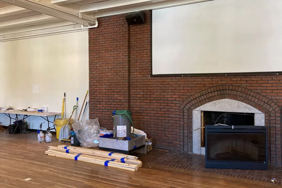 Supplies and tools have been staged into Chase Lounge as the the building’s renovation gets into gear. (Doug Hubley/Bates College)