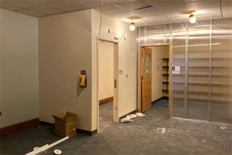 Formerly the reception area for the Office of Intercultural Education, this space will open onto the upper end of a new master stairway in Chase Hall. (Doug Hubley/Bates College)