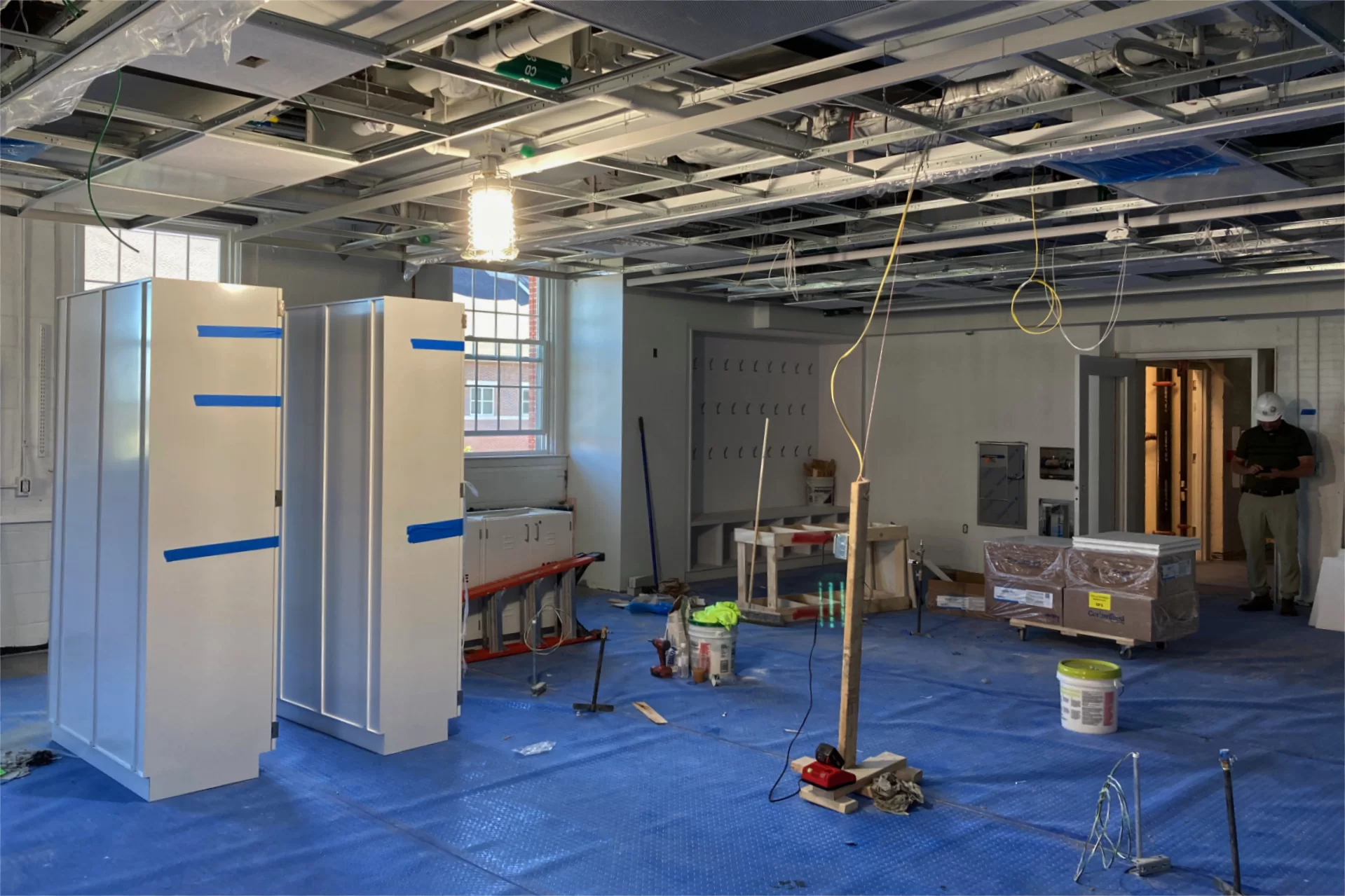 Cabinets await placement in a third-floor lab in Dana Hall. (Doug Hubley/Bates College)