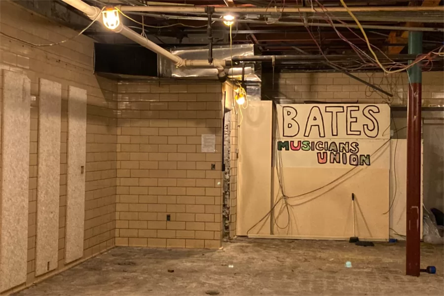The Bates Musicians Union rehearsal space in Chase Hall has lost some of its walls to make way for a new stairway and elevator, but the facility will be rebuilt. (Doug Hubley/Bates College)