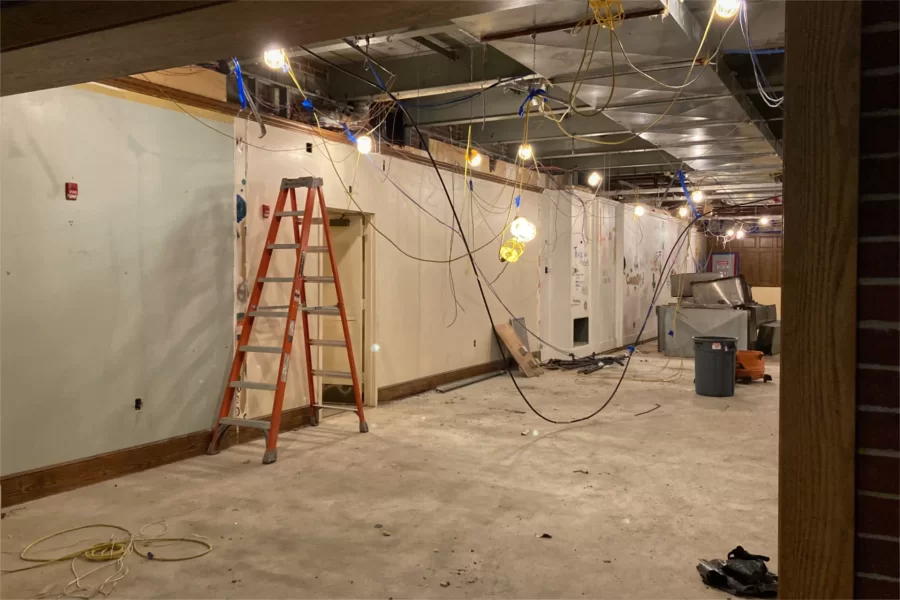 This view, from the once and future reception area for the Office of Intercultural Education, shows where a new stairway will provide much-improved access to the OIE. (Doug Hubley/Bates College)