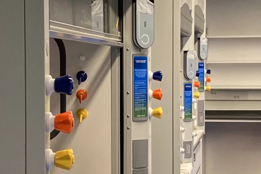 Fume-hood controls in a first-floor lab. (Doug Hubley/Bates College)