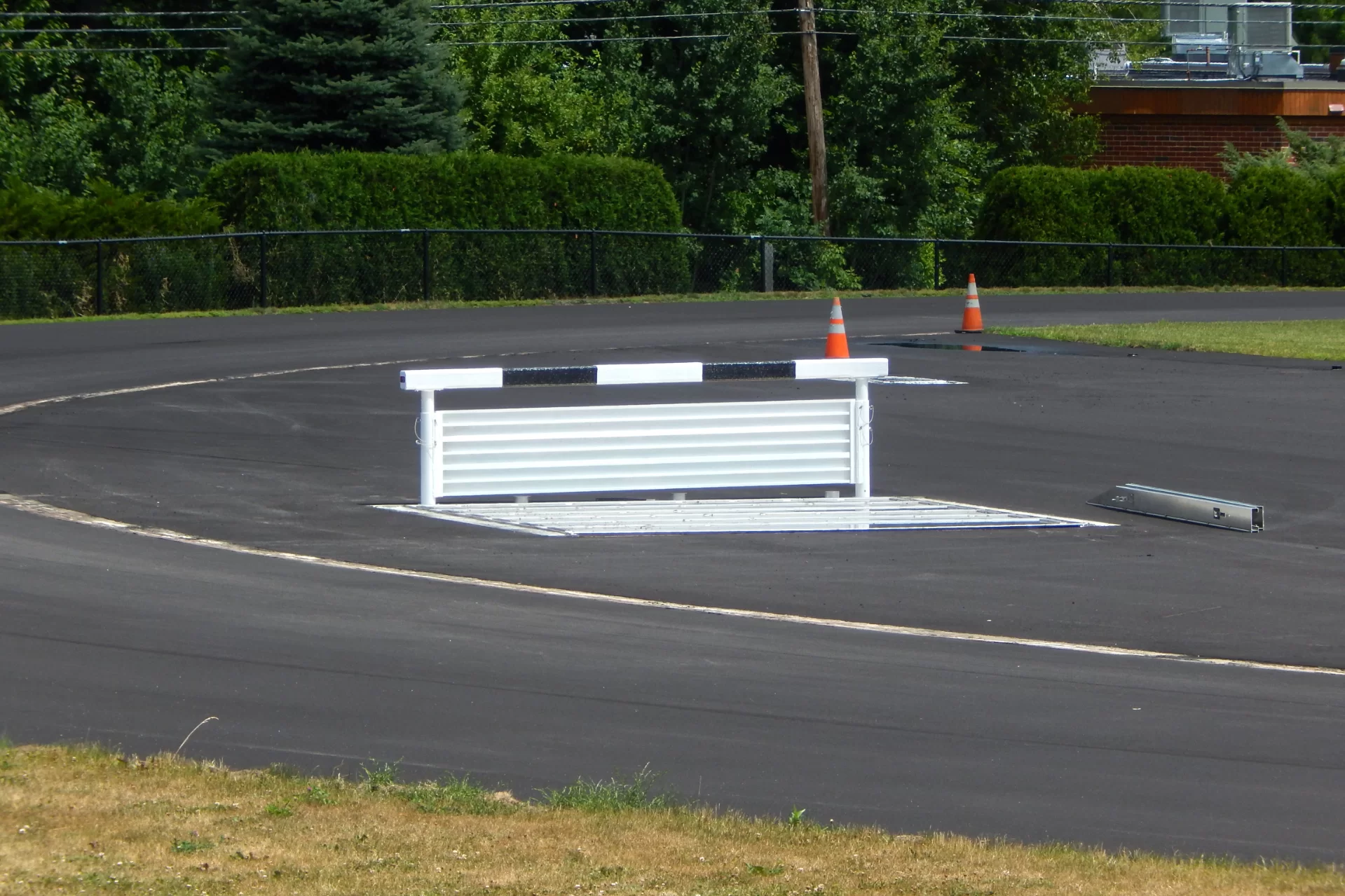 The rebuilt steeplechase water jump at the Russell Street Track. (Doug Hubley/Bates College)
